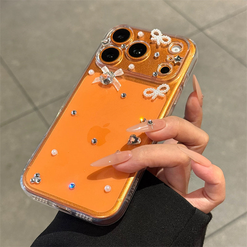 iphone12-17 ケース ストーン デコ iphone17pro/16pro ケース パール リボン の スマホケース iphone ケース 透明 可愛い キラキラ カメラリング 付き