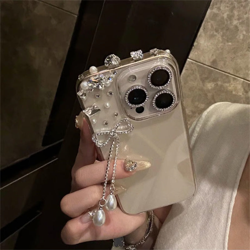 iphone17/16 ケース リボン付き スマホ デコ ライン ストーン 黄ばみ にくい クリア ケース iphone ケース15/14/13 キラキラ おしゃれ