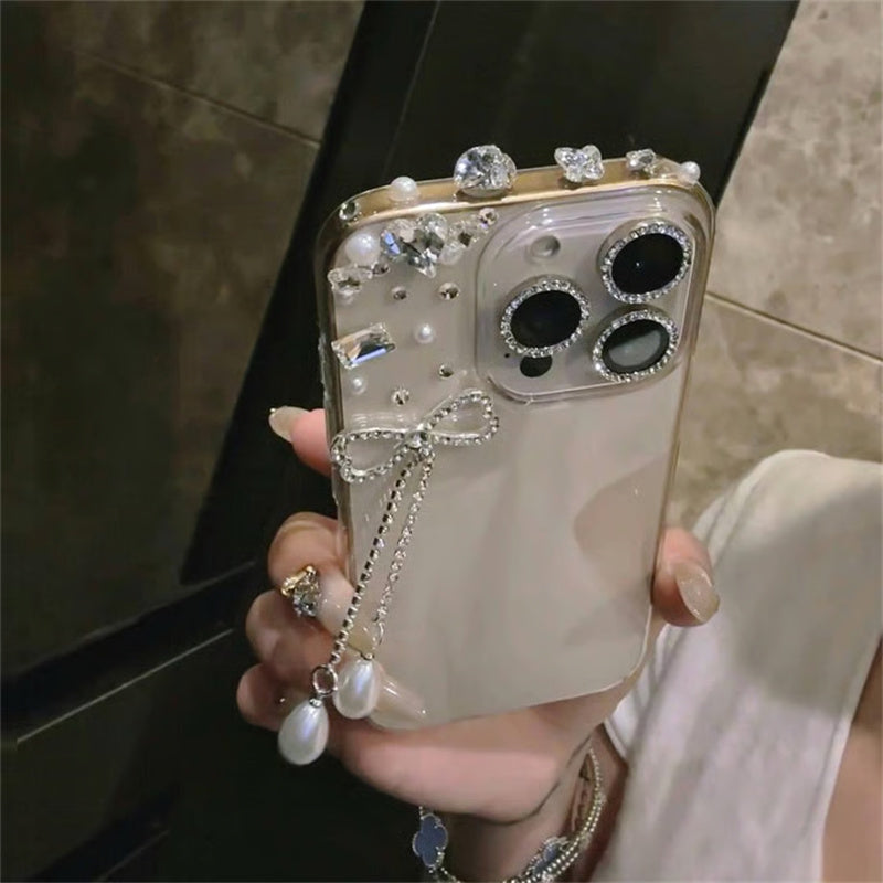 iphone17/16 ケース リボン付き スマホ デコ ライン ストーン 黄ばみ にくい クリア ケース iphone ケース15/14/13 キラキラ おしゃれ