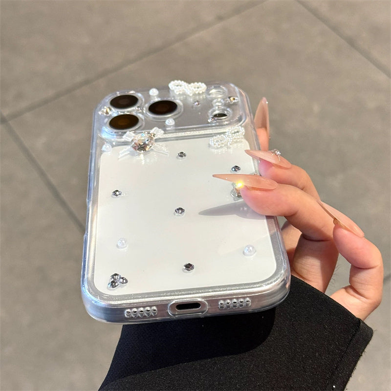 iphone12-17 ケース ストーン デコ iphone17pro/16pro ケース パール リボン の スマホケース iphone ケース 透明 可愛い キラキラ カメラリング 付き