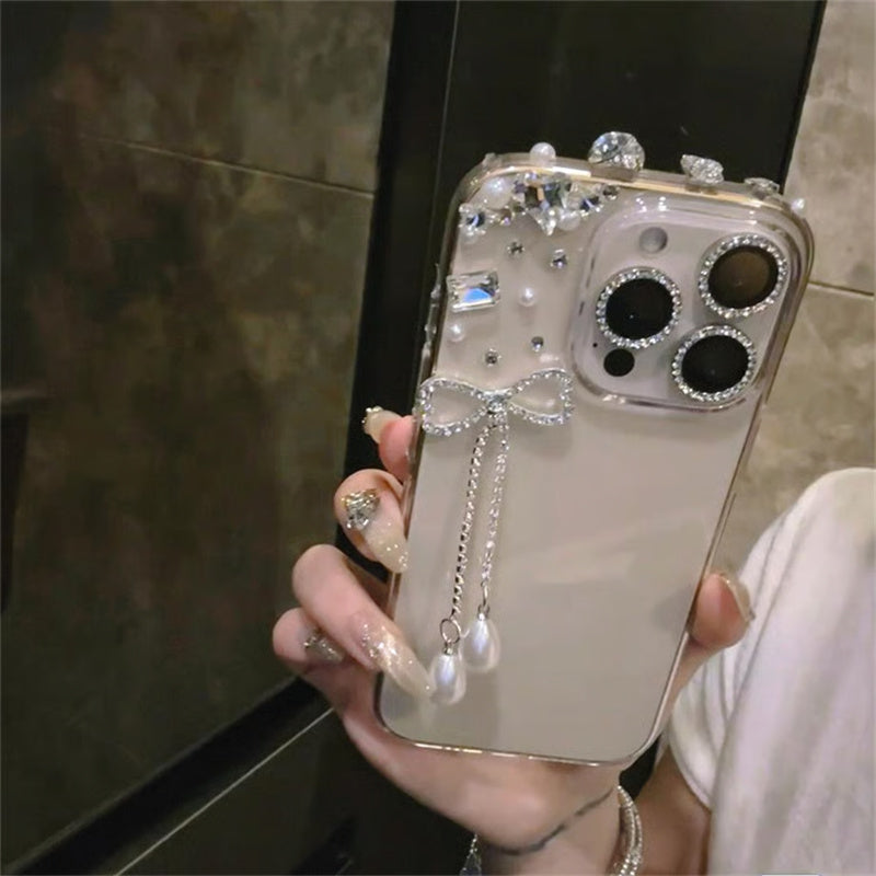 iphone17/16 ケース リボン付き スマホ デコ ライン ストーン 黄ばみ にくい クリア ケース iphone ケース15/14/13 キラキラ おしゃれ