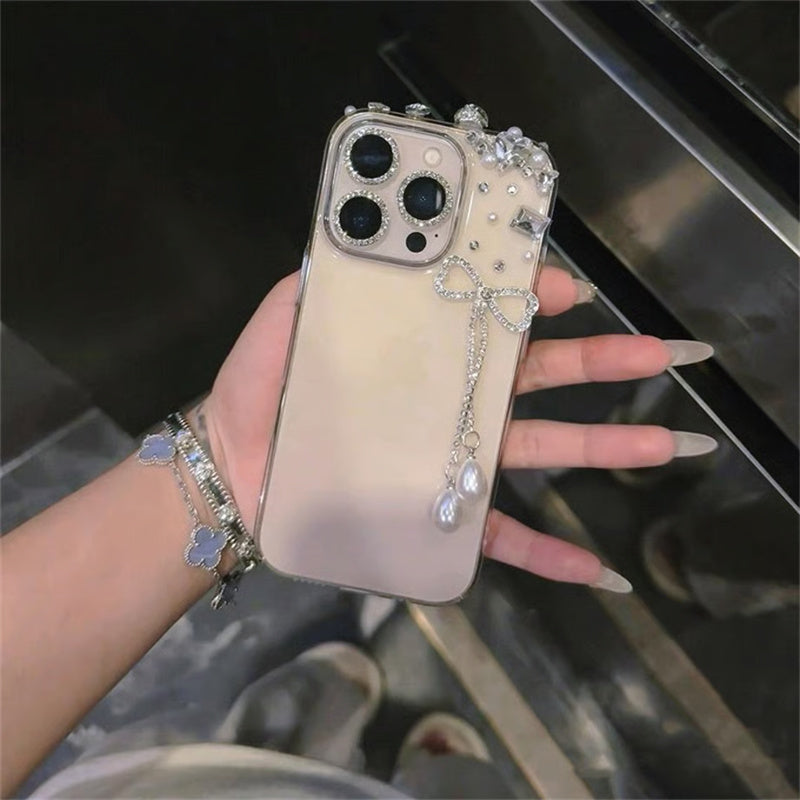 iphone17/16 ケース リボン付き スマホ デコ ライン ストーン 黄ばみ にくい クリア ケース iphone ケース15/14/13 キラキラ おしゃれ