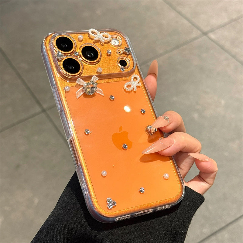 iphone12-17 ケース ストーン デコ iphone17pro/16pro ケース パール リボン の スマホケース iphone ケース 透明 可愛い キラキラ カメラリング 付き