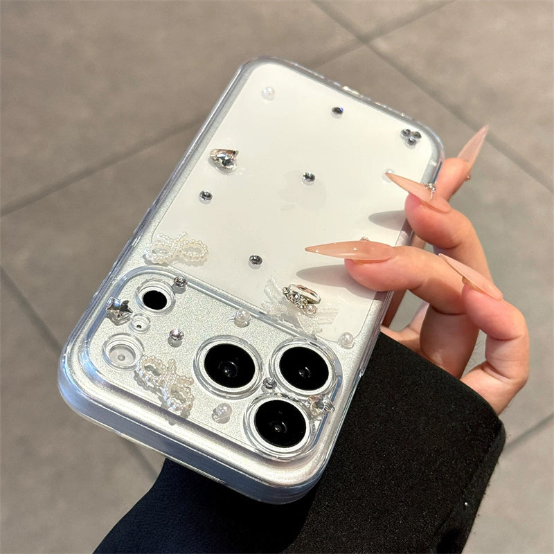 iphone12-17 ケース ストーン デコ iphone17pro/16pro ケース パール リボン の スマホケース iphone ケース 透明 可愛い キラキラ カメラリング 付き