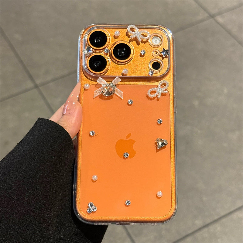 iphone12-17 ケース ストーン デコ iphone17pro/16pro ケース パール リボン の スマホケース iphone ケース 透明 可愛い キラキラ カメラリング 付き