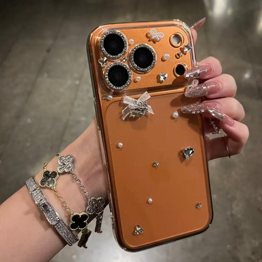 iphone12-17 ケース ストーン デコ iphone17pro/16pro ケース パール リボン の スマホケース iphone ケース 透明 可愛い キラキラ カメラリング 付き