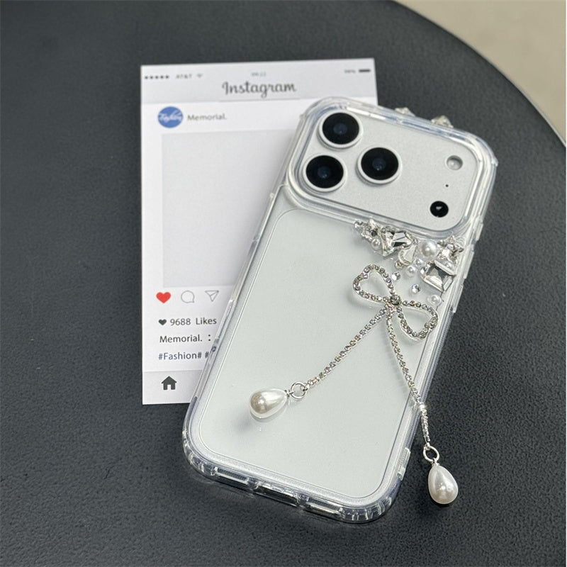 iphone17/16 ケース リボン付き スマホ デコ ライン ストーン 黄ばみ にくい クリア ケース iphone ケース15/14/13 キラキラ おしゃれ
