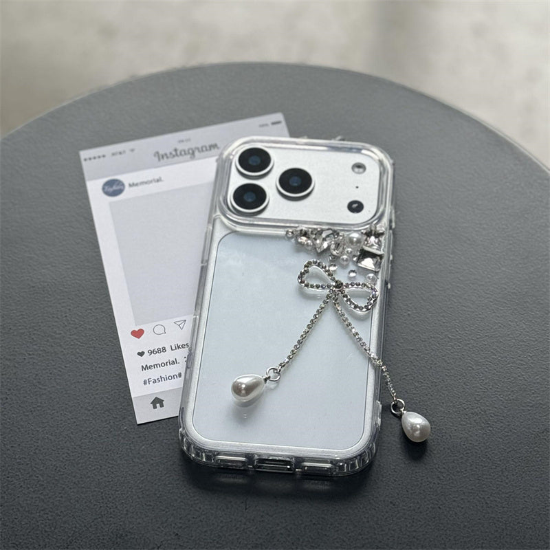 iphone17/16 ケース リボン付き スマホ デコ ライン ストーン 黄ばみ にくい クリア ケース iphone ケース15/14/13 キラキラ おしゃれ