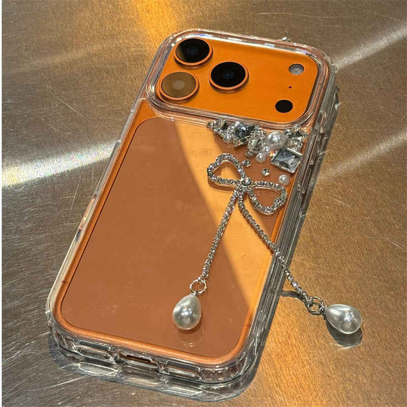 iphone17/16 ケース リボン付き スマホ デコ ライン ストーン 黄ばみ にくい クリア ケース iphone ケース15/14/13 キラキラ おしゃれ